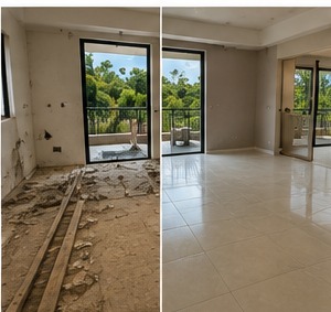 Antes y despues de instalacion de piso en remodelacion